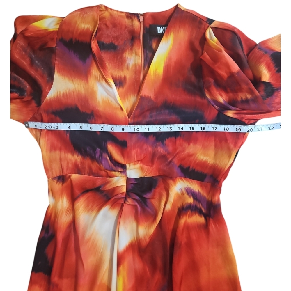 DKNY Printed Satin Midi Dress Red Orange Abstract Puff Sleeve L NWT - Picture 10 of 15